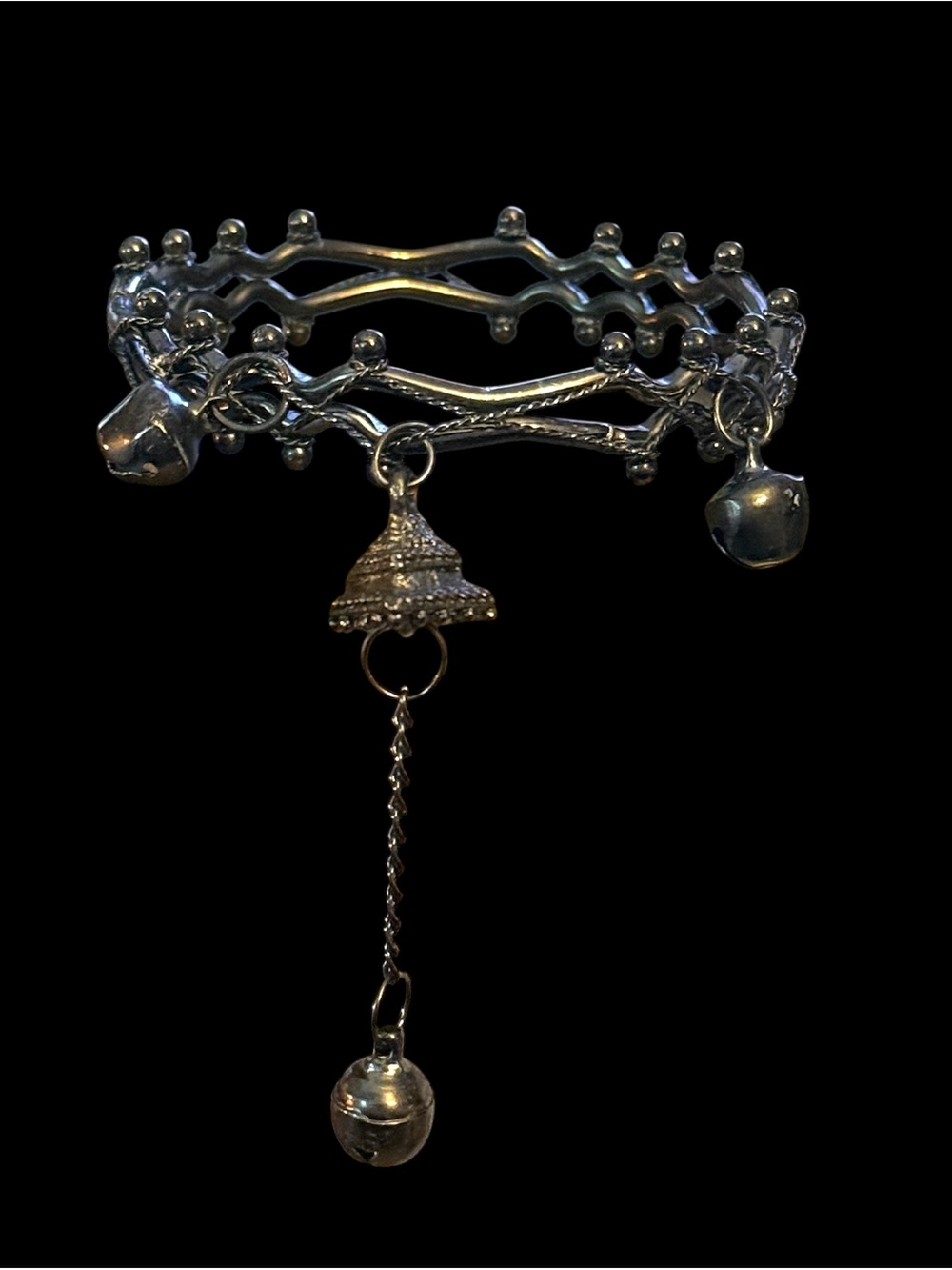 Dark silver tone tribal twig jingle bell bangle bracelet
